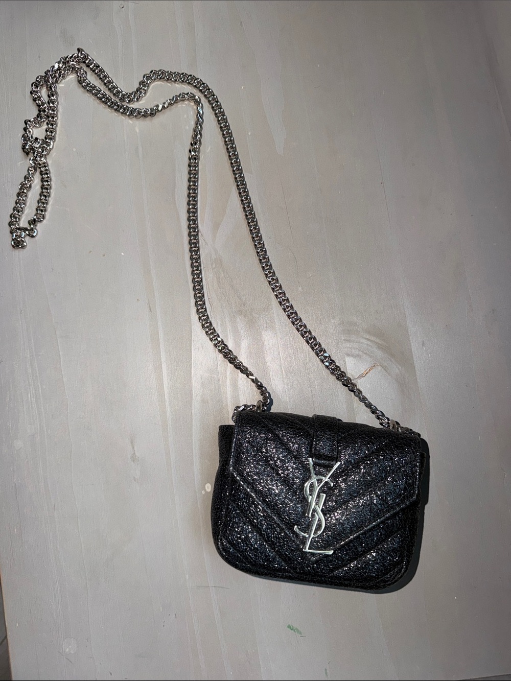 Saint Laurent Black Glitter Quilted Crossbody with Silver Chain